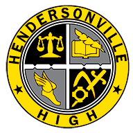 Hendersonvillle High School logo, Gold, Black and Grey seal of scale, a book and feather, Mercury's foot and a sword going through shapes